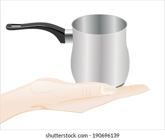 Woman's hand holding object-Coffee maker isolated on white background.