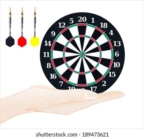 Woman's hand holding object-Dart board isolated on white background.