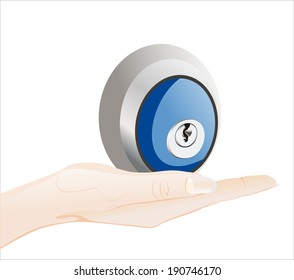 Woman's hand holding object-door lock isolated on white background. 
