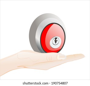Woman's hand holding object-door lock isolated on white background.
