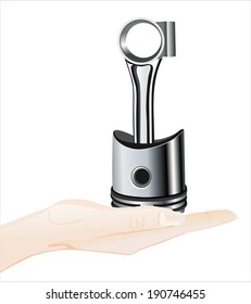 Woman's hand holding object-Engine piston isolated on white background. 