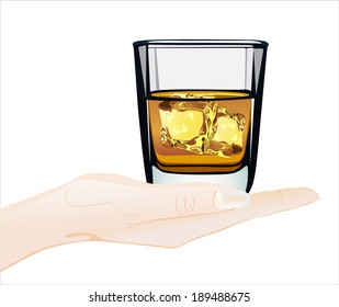 Woman's hand holding object-Glass of whiskey and ice