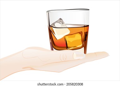 Woman's hand holding object-Glass of whiskey and ice