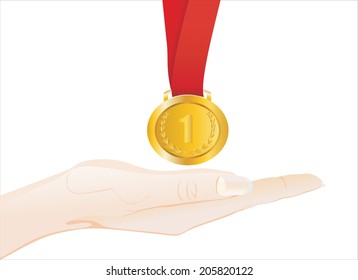 Woman's hand holding object-gold medal isolated on white background.
