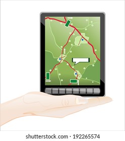 Woman's hand holding object-GPS navigation display  isolated on white background.