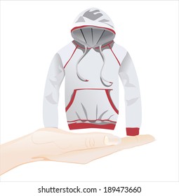 Woman's hand holding object-gray hoody jacket isolated on white background.