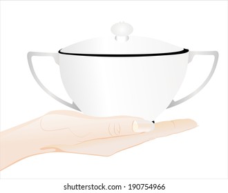Woman's hand holding object-Hot soup isolated on white background.