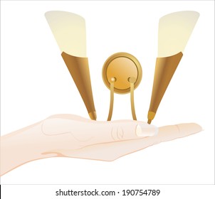 Woman's hand holding object-lamp isolated on white background.
