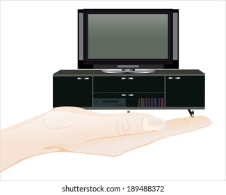 Woman's hand holding object-Modern TV table stand with shelves