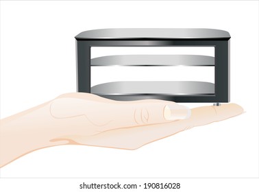 Woman's hand holding object-Modern TV table stand isolated on white background.