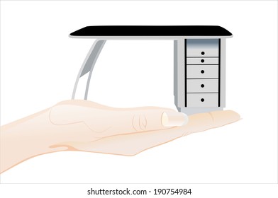 Woman's hand holding object-pc on table  isolated on white background.
