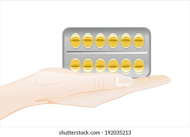 Woman's hand holding object-Pill blister package isolated on white background.
