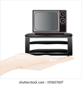 Woman's hand holding object-retro and classic television  isolated on white background.