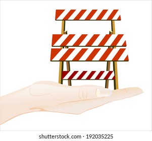 Woman's hand holding object-Road barrier isolated on white background.