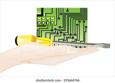 Woman's hand holding object-screwdriver and electronic circuit  isolated on white background. 