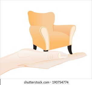Woman's hand holding object-sofa isolated on white background.