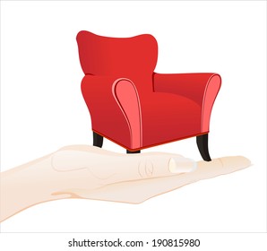 Woman's hand holding object-sofa isolated on white background.