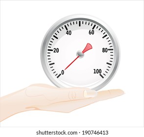 Woman's hand holding object-special manometer  isolated on white background. 