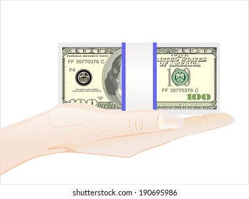 Woman's hand holding object-Stack of one hundred dollar bills isolated on white background.