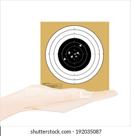 Woman's hand holding object-Target with bullet holes  isolated on white background.