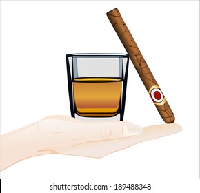 Woman's hand holding object-whiskey and cigar