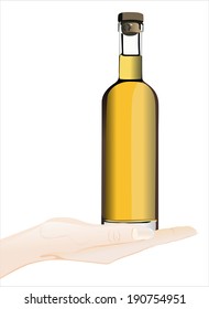 Woman's hand holding object-wine bottles isolated on white background.