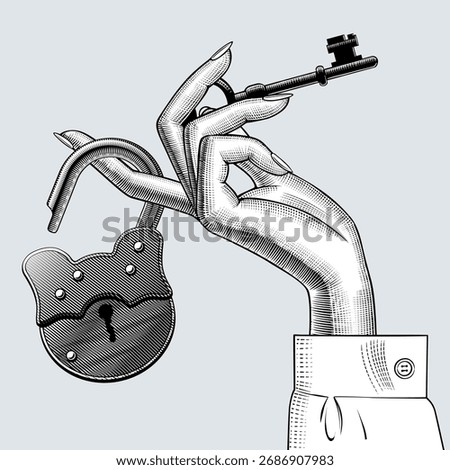 A woman's hand holding an old open padlock and a retro key in her fingers. Vector illustration in black and white vintage engraving style