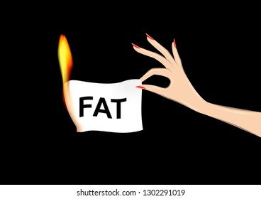womans hand holding a paper with fat word in flame isolated on the black background, horizontal vector illustration