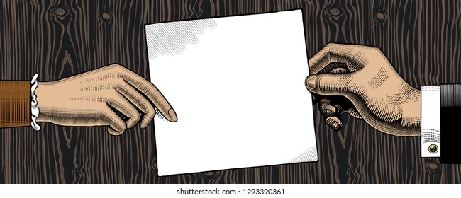 Mano de mujer sosteniendo una hoja de papel y la mano del hombre. Dibujo estilizado de grabado de época. Ilustración del vector