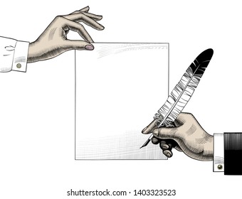 Woman's hand holding a paper sheet and man's hand with a feather pen. Vintage engraving stylized drawing. Vector illustration