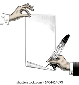 Woman's hand holding a paper sheet and man's hand with a feather pen. Vintage engraving stylized drawing. Vector illustration