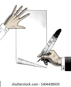 Woman's hand holding a paper sheet and man's hand with a feather pen. Vintage engraving stylized drawing. Vector illustration