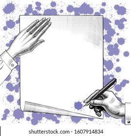 Mano de mujer sosteniendo una hoja de papel y la mano del hombre con un bolígrafo. Elemento de diseño retro. Dibujo estilizado de grabado de época. Ilustración del vector