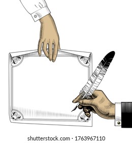 Woman's hand holding a paper sheet and man's hand with a feather pen. Vintage engraving stylized drawing. Vector illustration
