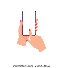 Teléfono de mano de mujer con pantalla en blanco - dedo hembra con esmalte de uñas rojo presionando en pantalla táctil de smartphone vacío, ilustración vectorial plana aislada.