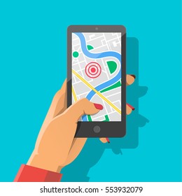 Woman's Hand Holding Phone With Map And Marker. Mobile Gps Navigation And Tracking Concept. Flat Vector Cartoon Illustration For Web Sites, Banners. Location Track App On Touch Screen Smartphone