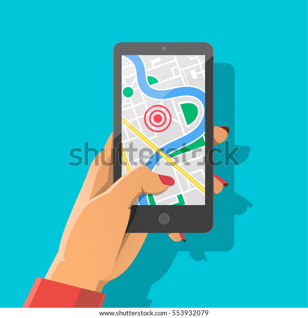 Woman\'s hand holding phone with map and\
marker. Mobile gps navigation and tracking concept. Flat vector\
cartoon illustration for web sites, banners. Location track app on\
touch screen\
smartphone