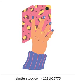 Mano de mujer sosteniendo un teléfono. Ilustración vectorial en estilo plano aislado en fondo blanco