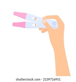 Woman's hand holding positive and negative pregnancy test. Planning baby. Vector illustration