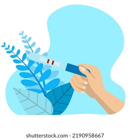 woman's hand holding a positive test with two strips. Smiling pregnant woman planning baby flat vector illustration. Pregnancy, medicine concept for banner, website design or landing web page