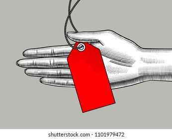 Woman's hand holding a red label. Vintage engraving stylized drawing. Retro concept poster discount sale. Sale banner. Vector illustration