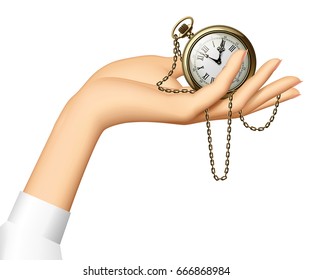 Woman's hand holding a retro pocket watch with chain. Vector vintage Illustration