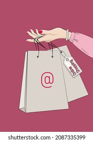 Woman's hand holding a shopping bags. Human hand carry paper bag with label "online shopping". Vector illustration.