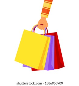 woman's hand holding a shopping paper bags isolated on white background. vector Illustration.
