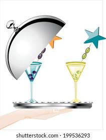 Woman's hand holding silver platter with cocktail drink  on white background isolated