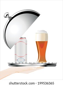 Woman's hand holding silver platter with aluminum drink can near glass full of beer   on white background isolated