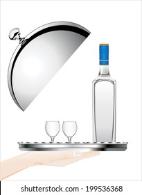 Woman's hand holding silver platter with Bottle of vodka and two glasses  on white background isolated