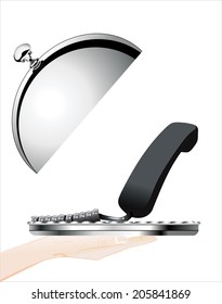 Woman's hand holding silver platter with Phone receiver 