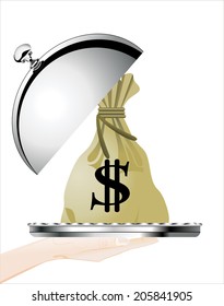 Woman's hand holding silver platter with Money bag with dollar sign