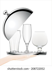Woman's hand holding silver platter with drinking glass collection